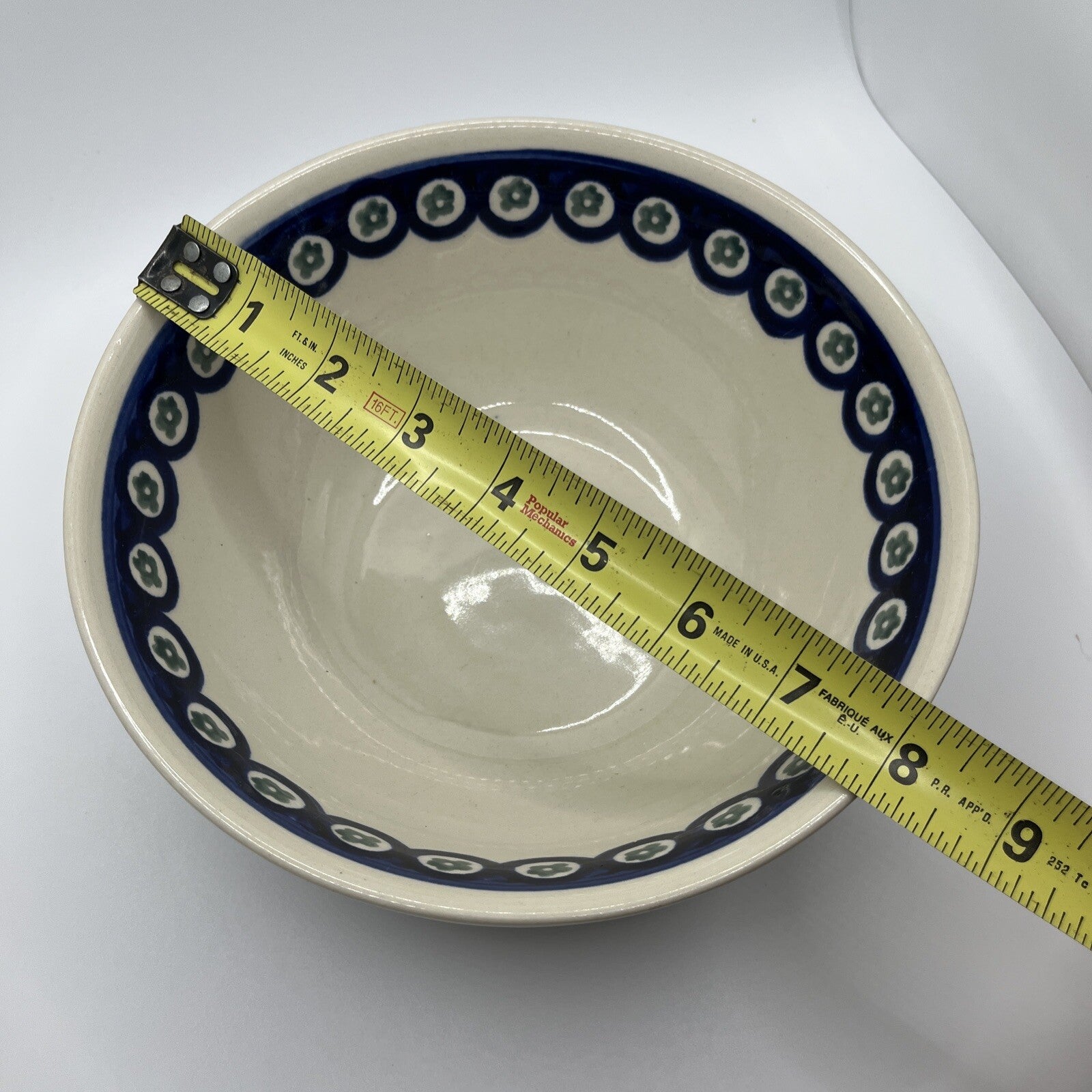 Boleslawiec Pottery Round Bowl Handmade in Poland Blue White 8”