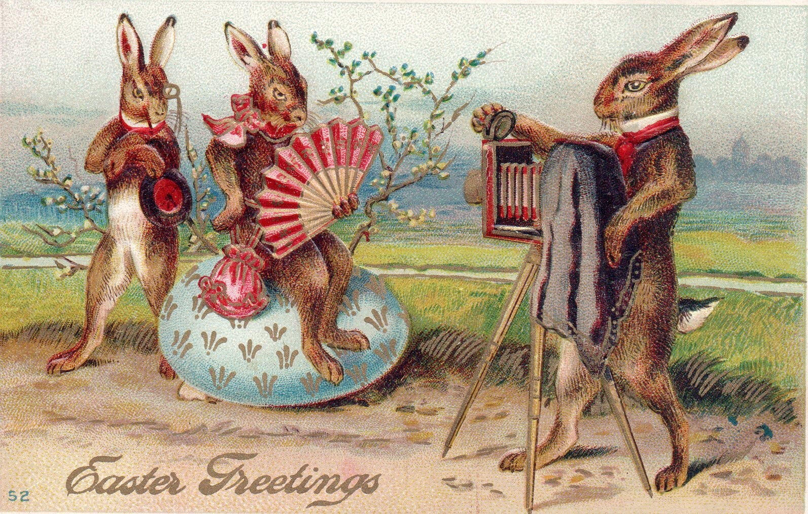 Easter Greetings Rabbits Getting Picture Taken Gold Gilt Vintage Easter Postcard