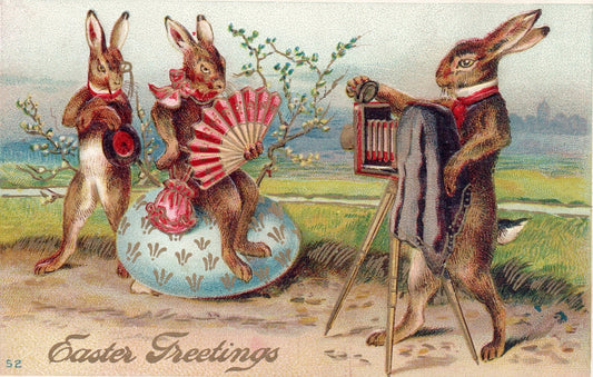 Easter Greetings Rabbits Getting Picture Taken Gold Gilt Vintage Easter Postcard