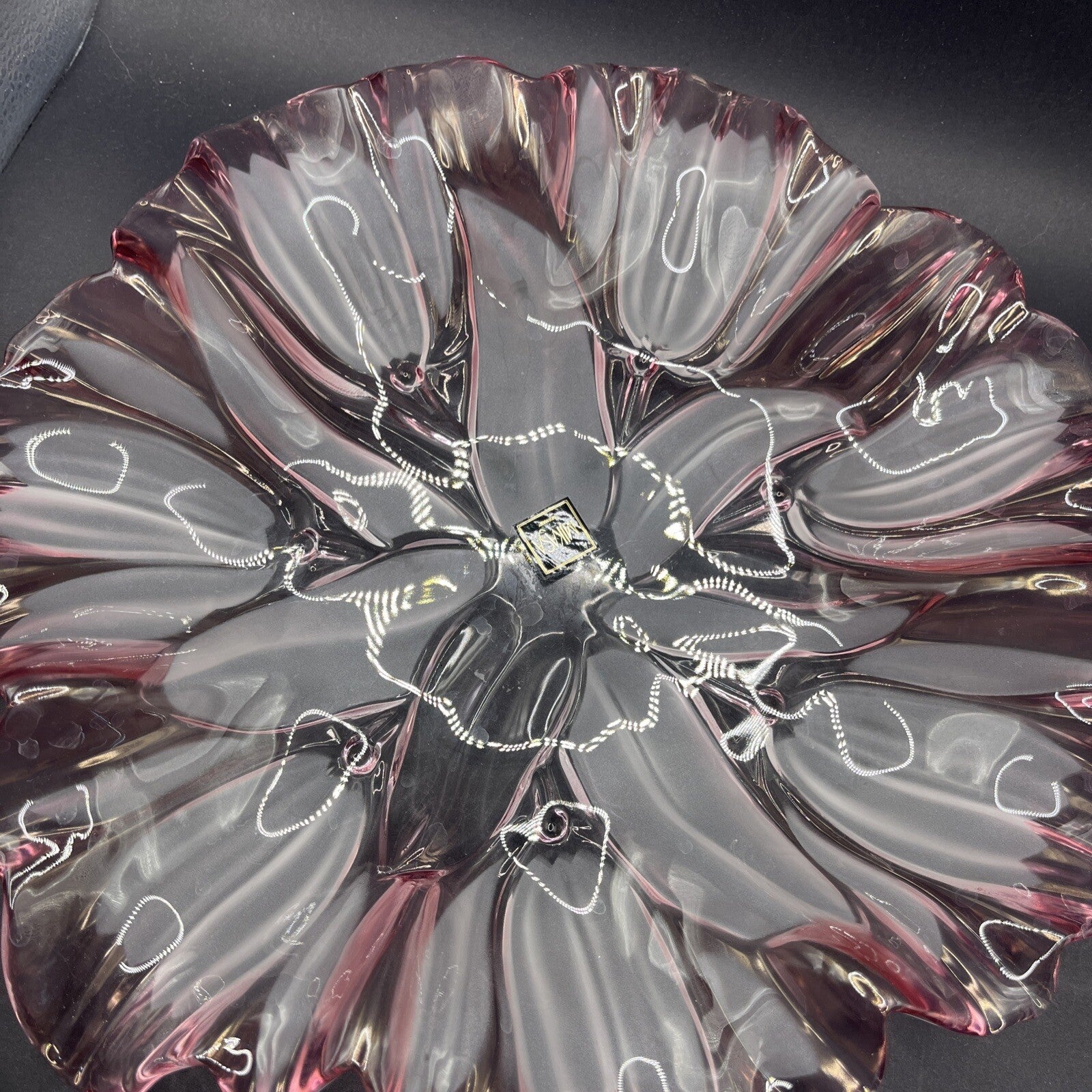 Art Glass Plate Pink Frosted White Tulip Floral Ruffle Edge 13” In Mikasa