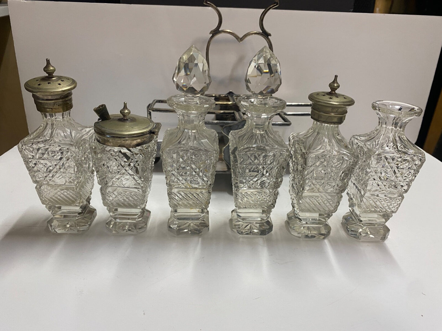 Antique 1900's Silver Plated Cruet 6 Piece Set & Carrier Salt Pepper Sugar &More