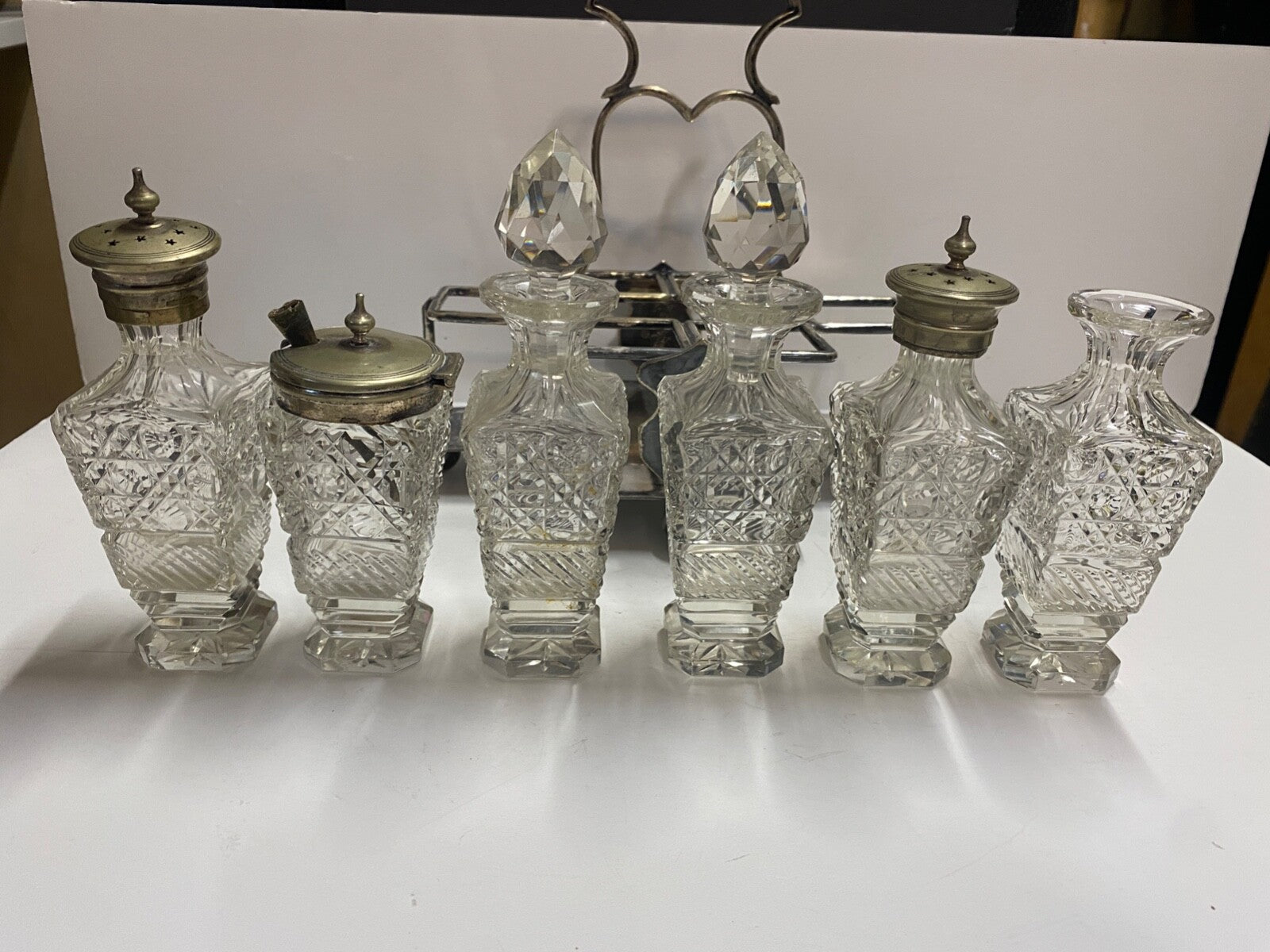 Antique 1900's Silver Plated Cruet 6 Piece Set & Carrier Salt Pepper Sugar &More