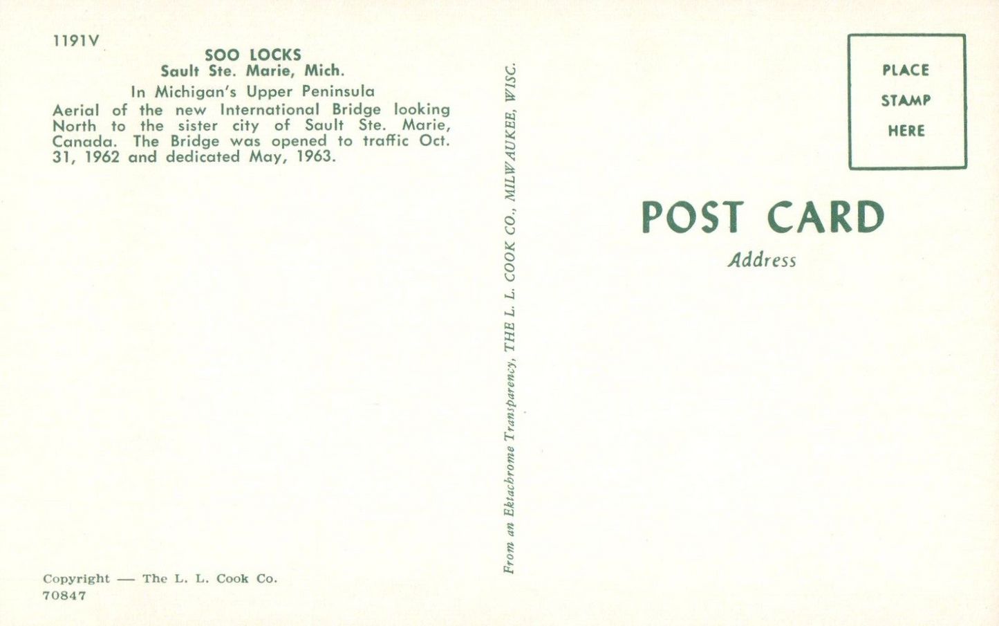 Soo Locks Aerial of New Bridge Sault Ste. Marie MI Michigan Mich  Postcard