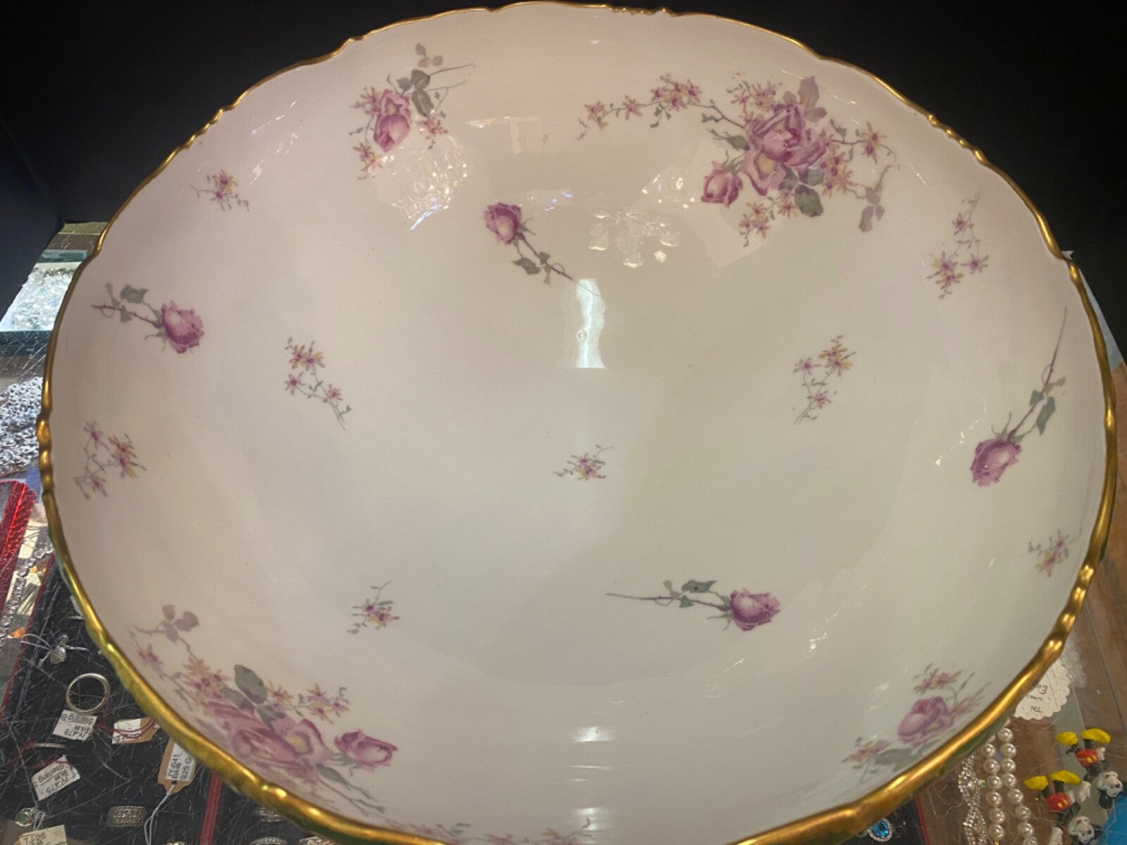 T & V Limoges  France 14" Punch Bowl Floral with green and gold