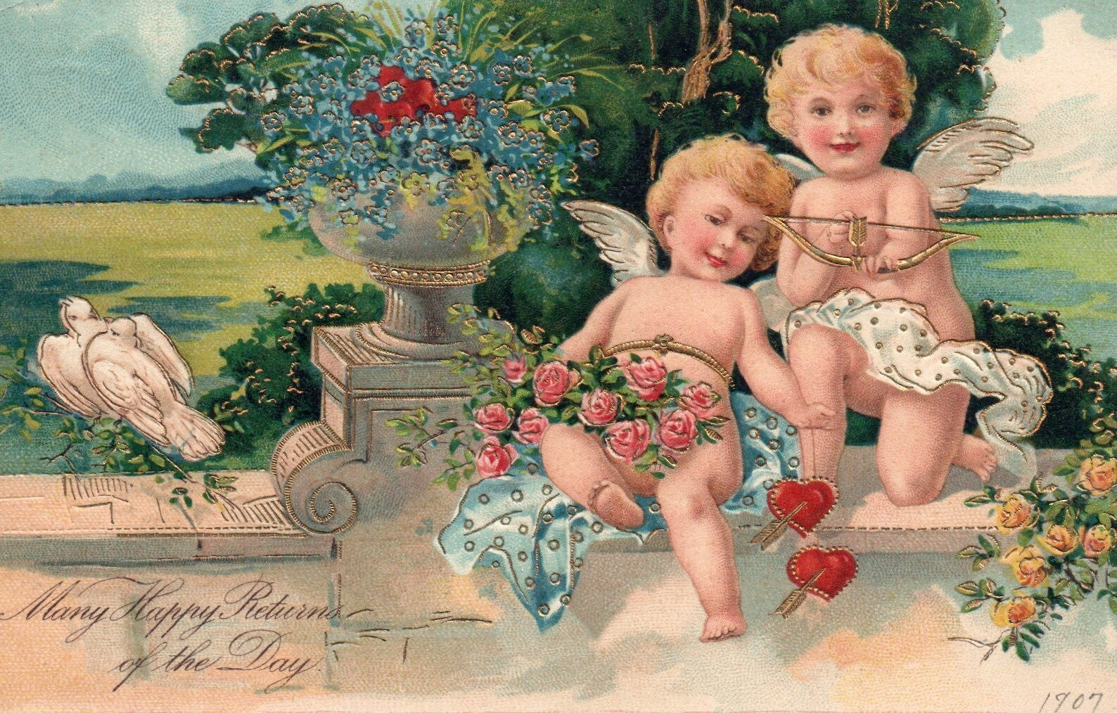 Many Happy Returns of the Day Children and Dove Embossed Valentines Day Postcard