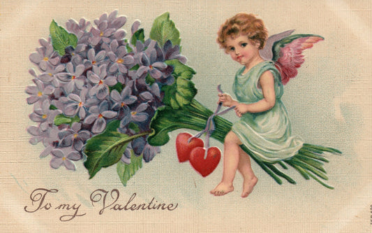 Cupid Sitting On Bouquet Of Purple Flowers Holding Hearts Valentine Postcard 690