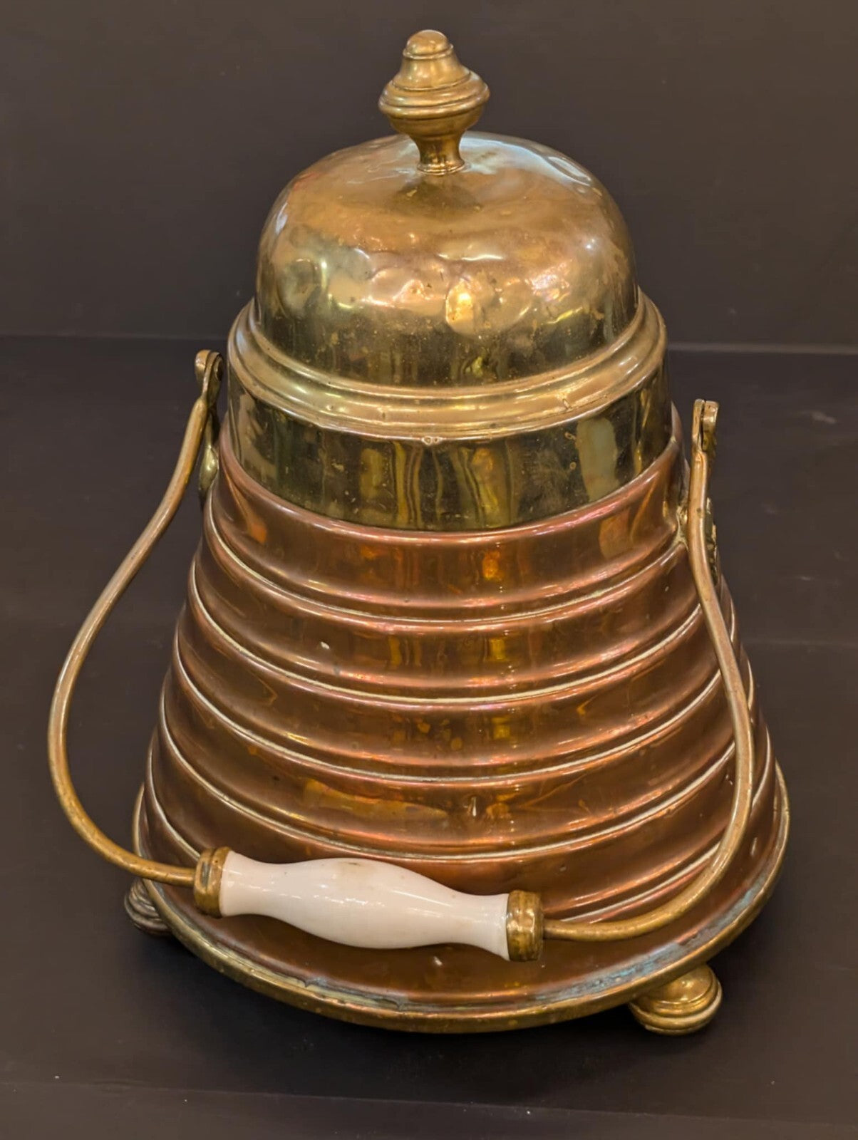 Vintage Copper And Brass Covered Ash Bucket With Porcelain Handle Antique