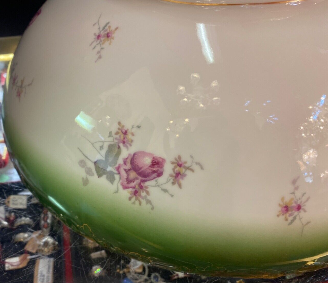 T & V Limoges  France 14" Punch Bowl Floral with green and gold