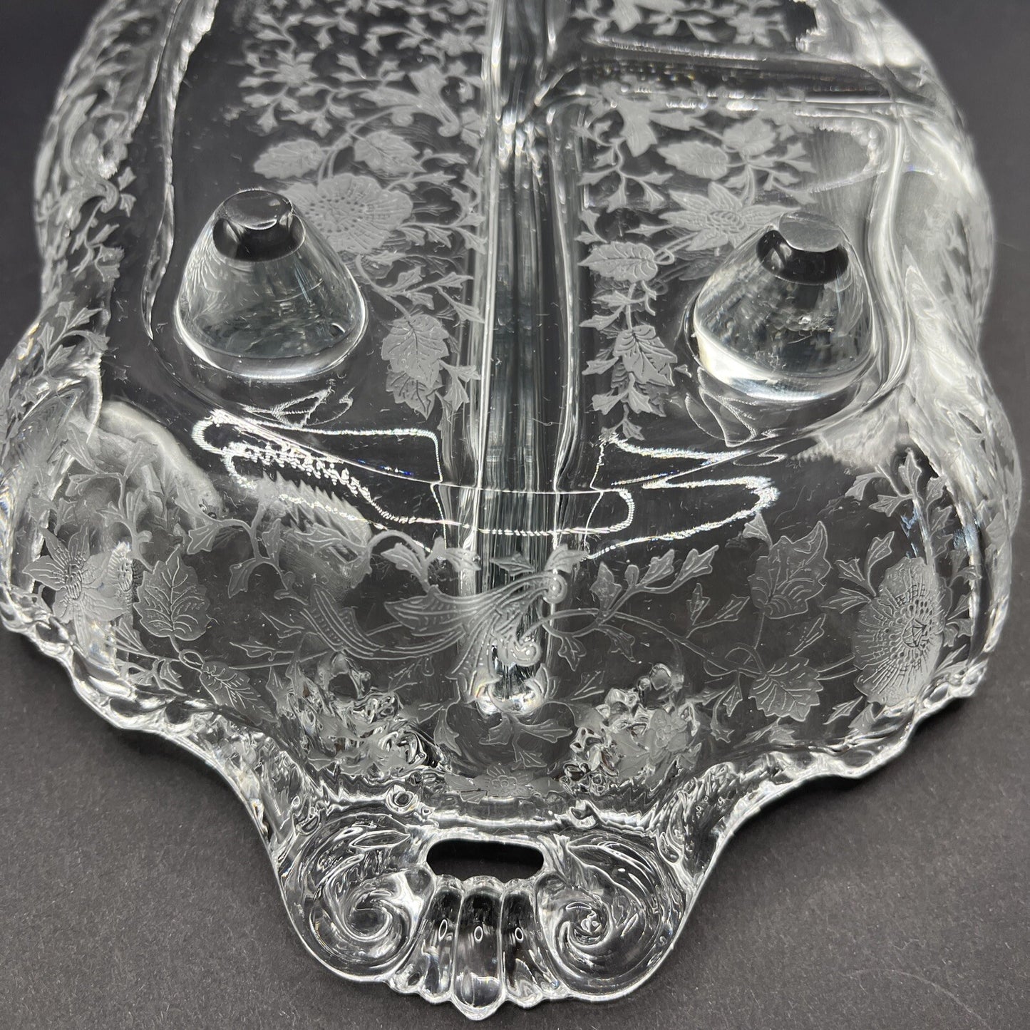 Cambridge Glass Clear 4 Toed 3 Part Relish Dish WILDFLOWER Etched