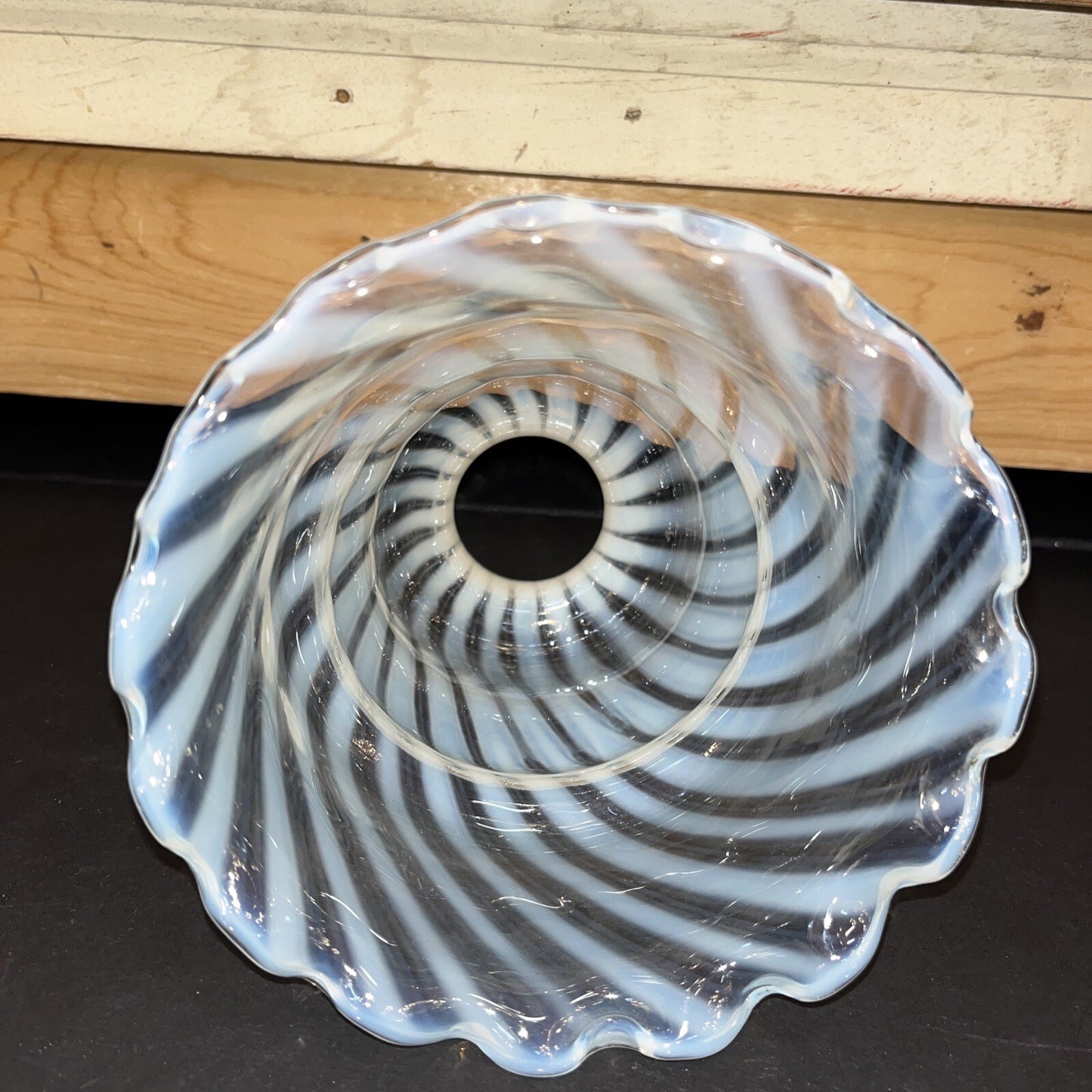 Fenton Handblown Opalescent Swirl Glass Ruffled Edge Lamp Shade White 6"