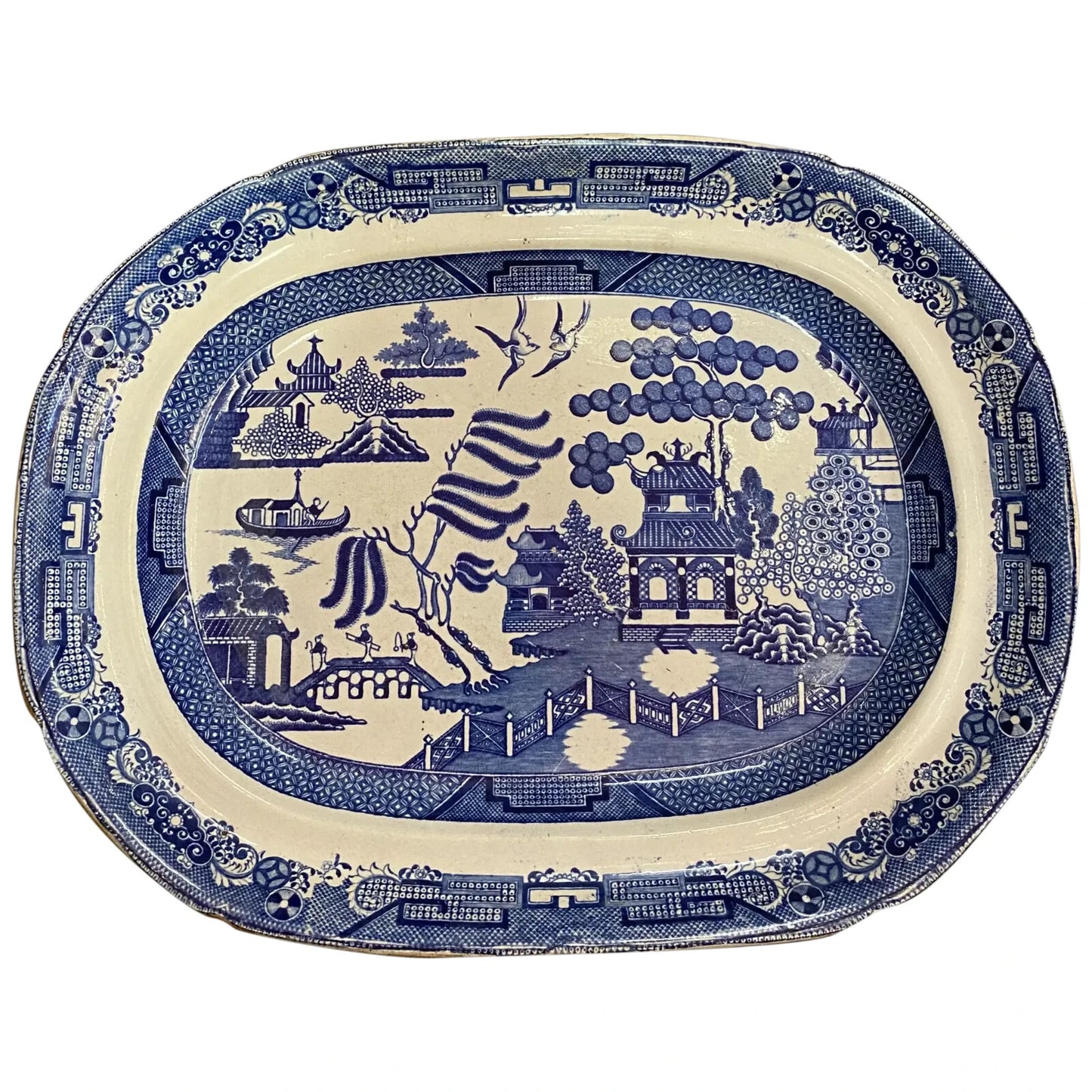 c1860 Staffordshire Adams Blue Willow Antique Platter 17" x 13" White