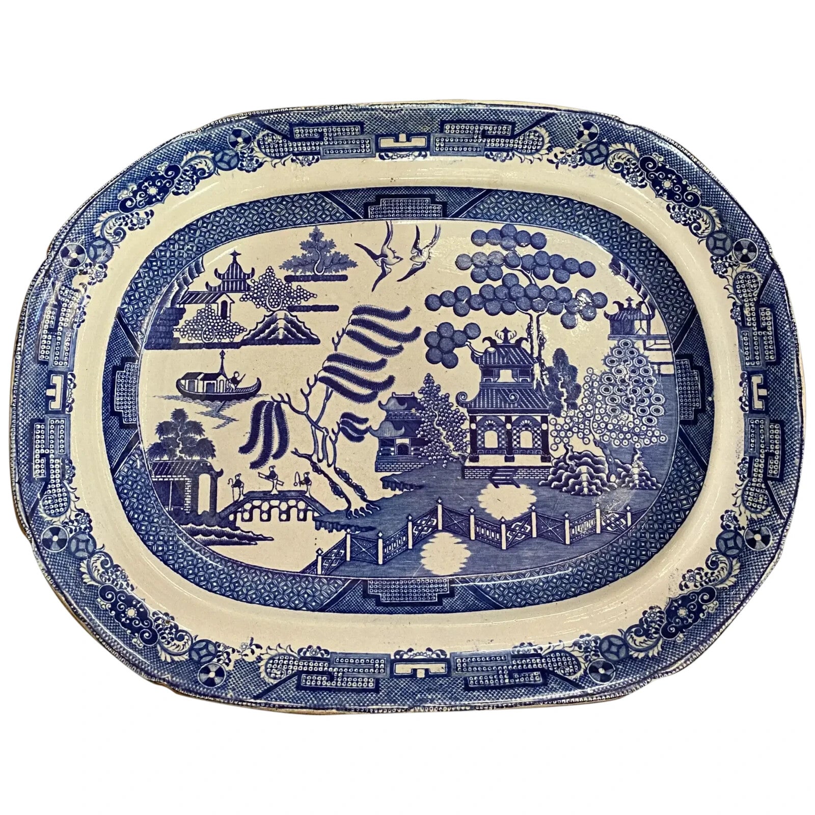 c1860 Staffordshire Adams Blue Willow Antique Platter 17" x 13" White