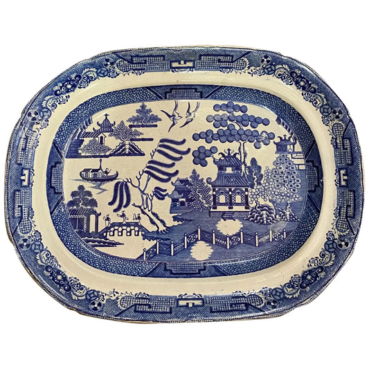 c1860 Staffordshire Adams Blue Willow Antique Platter 17" x 13" White