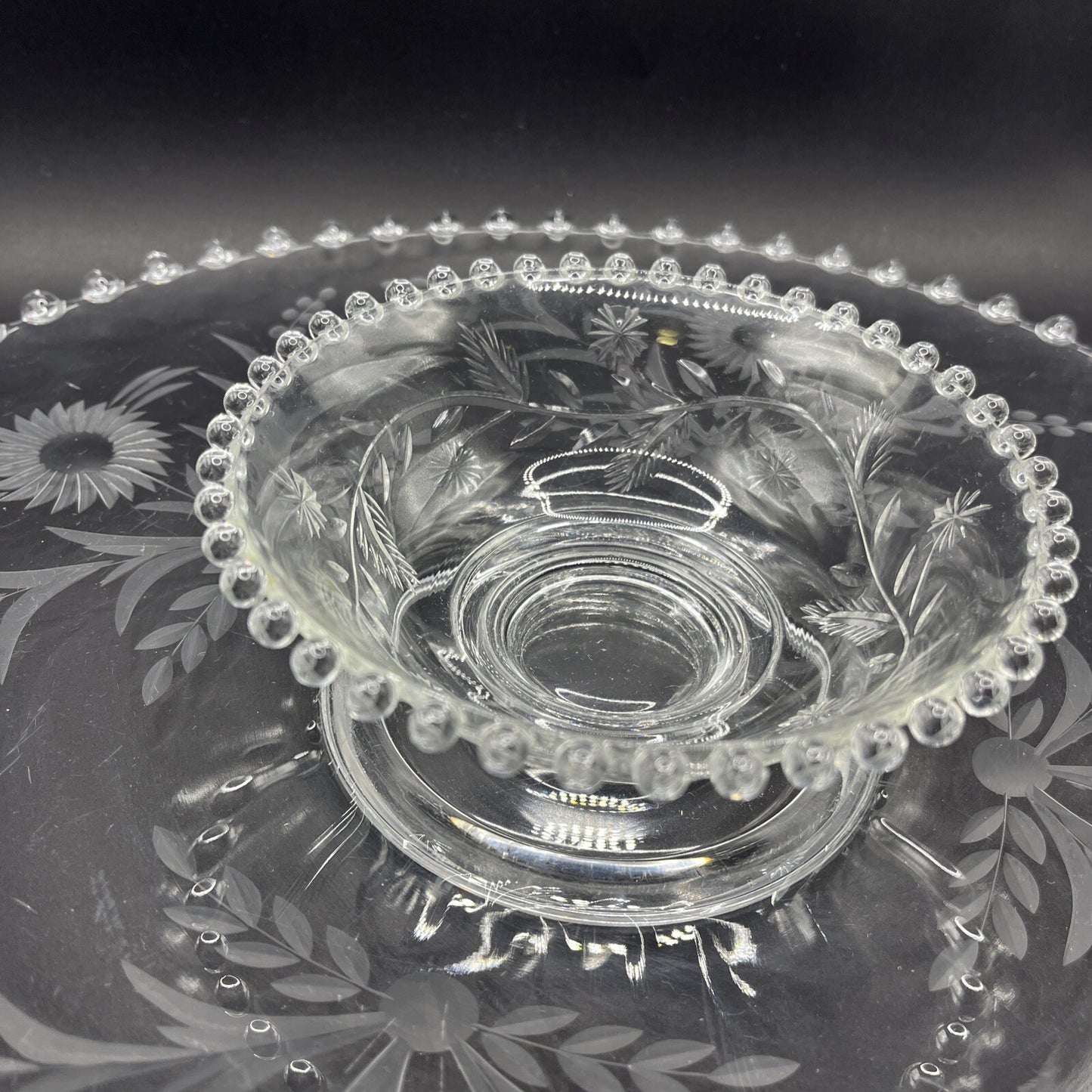 Vintage Crystal Etched Candlewick  Serving Platter Tray w Bowl, 14 In Flowers