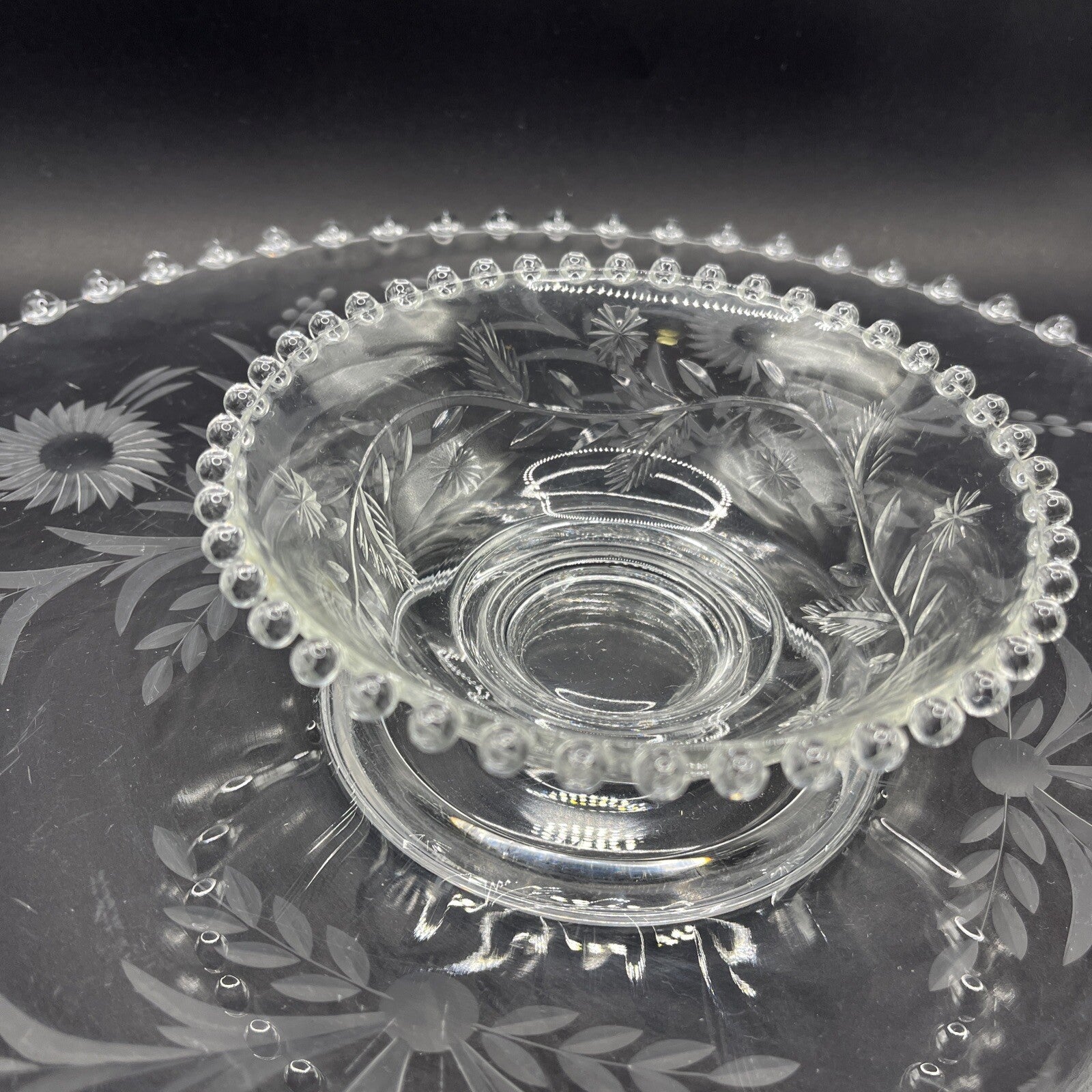 Vintage Crystal Etched Candlewick  Serving Platter Tray w Bowl, 14 In Flowers