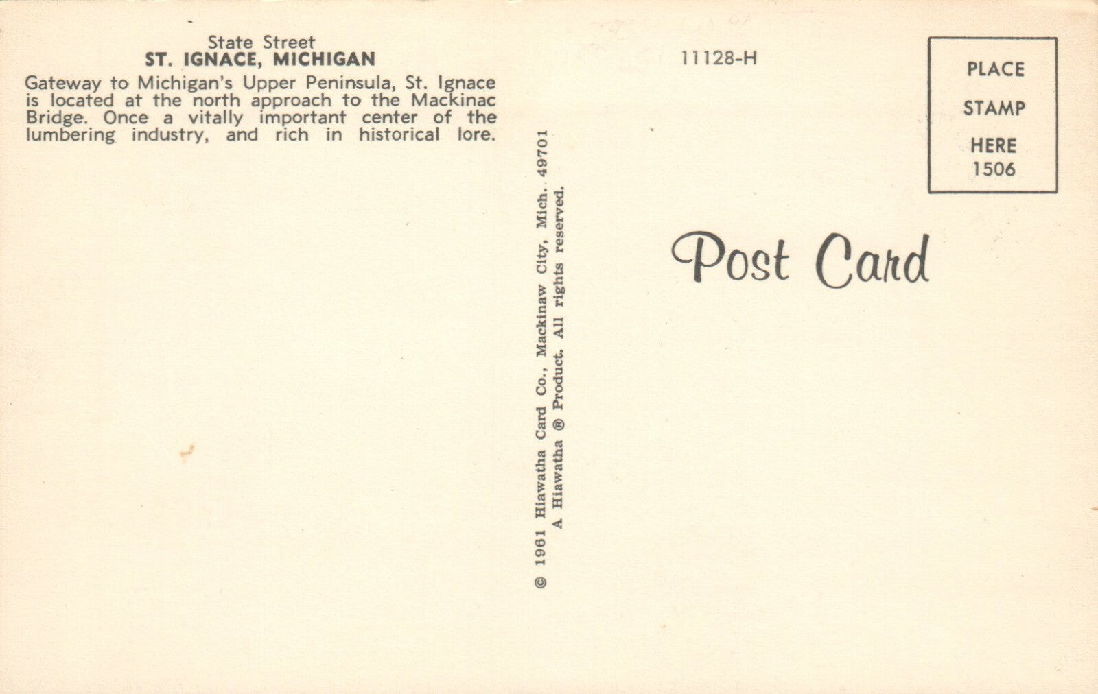 State Street St. Ignace Michigan Mich MI Postcard