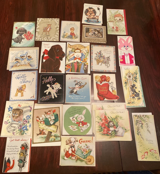Vintage lot of 25 Greeting Cards Animals dogs rabbits deer lion elephant & More