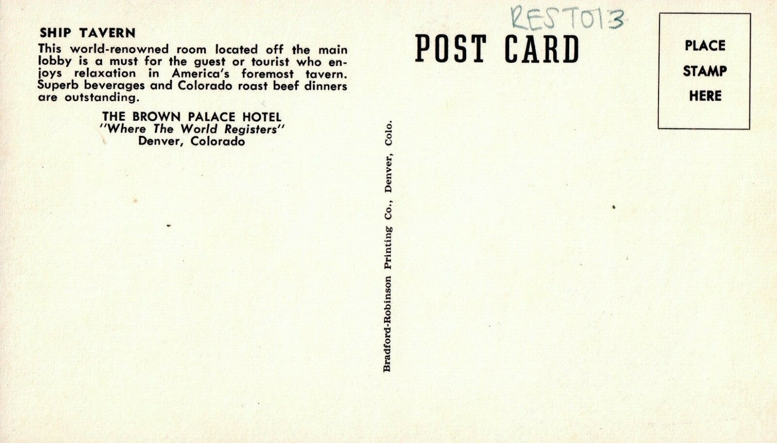 Interior Ship Tavern Restaurant Brown Palace Hotel Denver Colorado CO Postcard