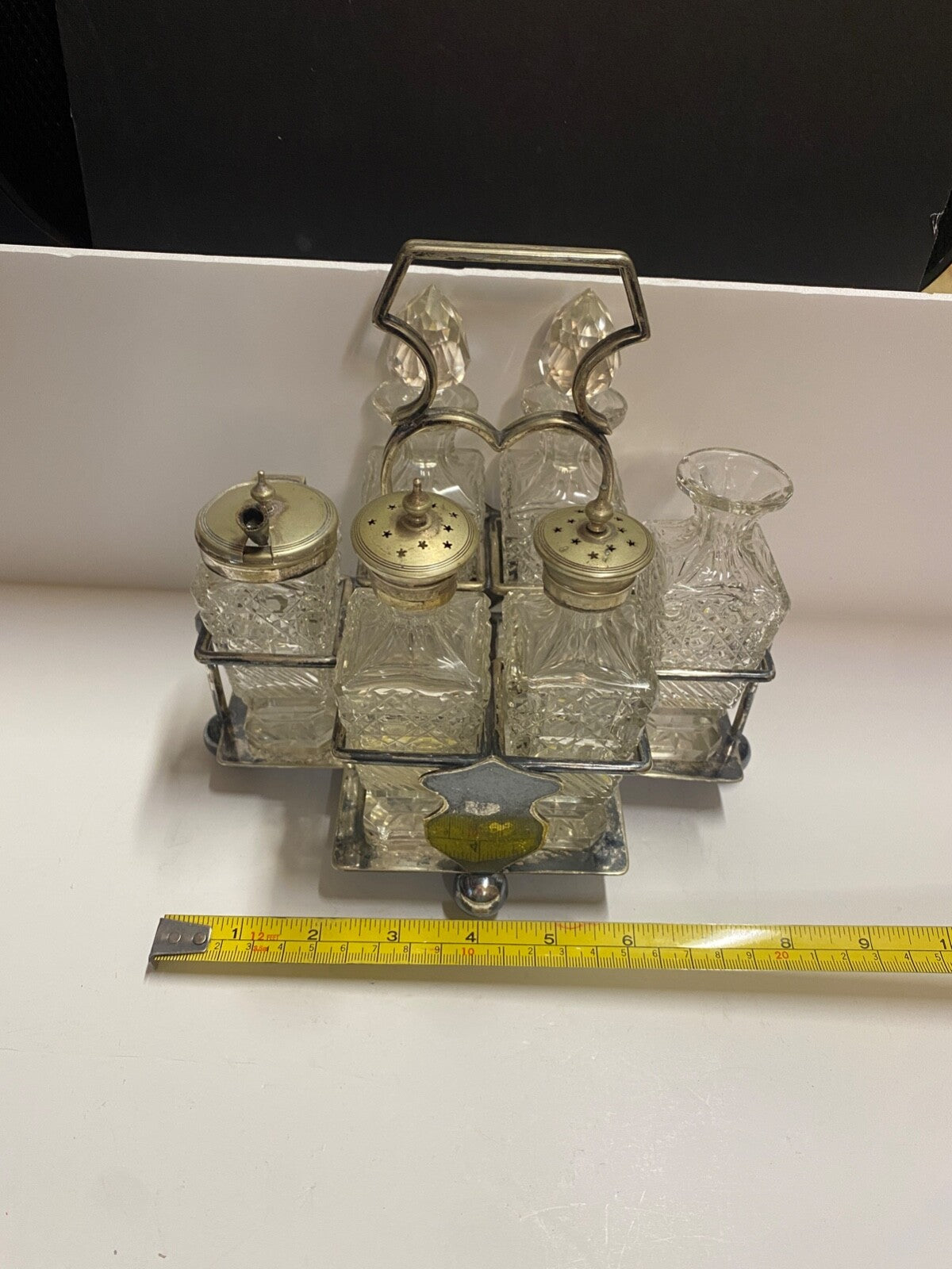 Antique 1900's Silver Plated Cruet 6 Piece Set & Carrier Salt Pepper Sugar &More
