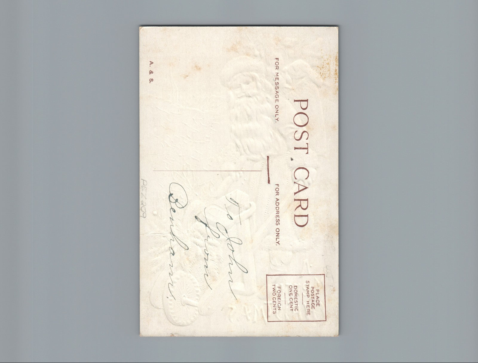 Blue Robed Bright Red Cheeked Santa Claus Gold Wheel Barrel Toys Embossed