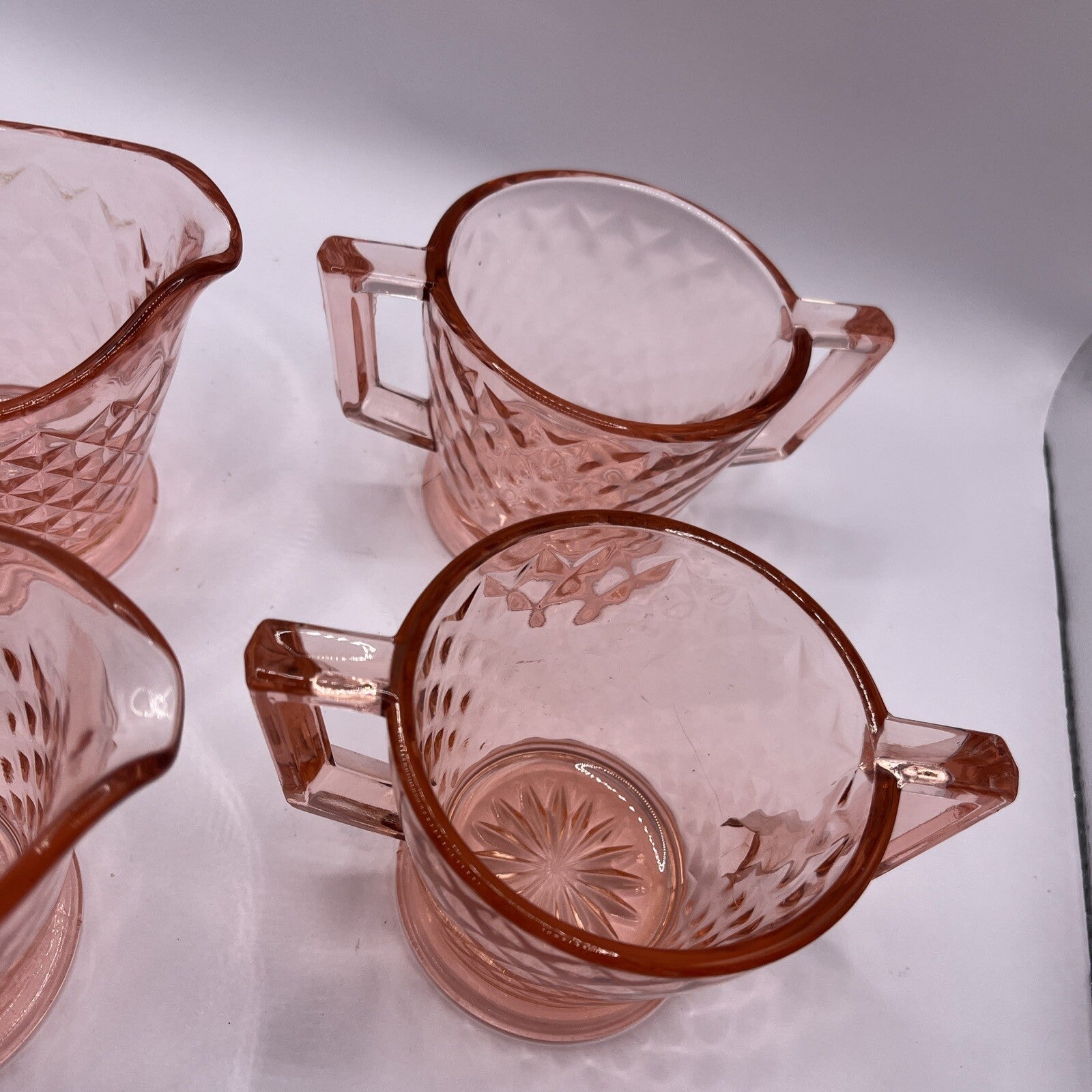 Vintage 2 Pair Of Pink Diamond Quilted Creamer And Sugar
