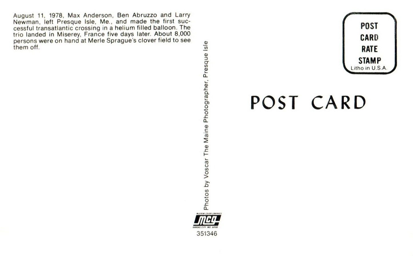 First Balloon To Cross the Atlantic Presque Isle ME Maine Postcard Template