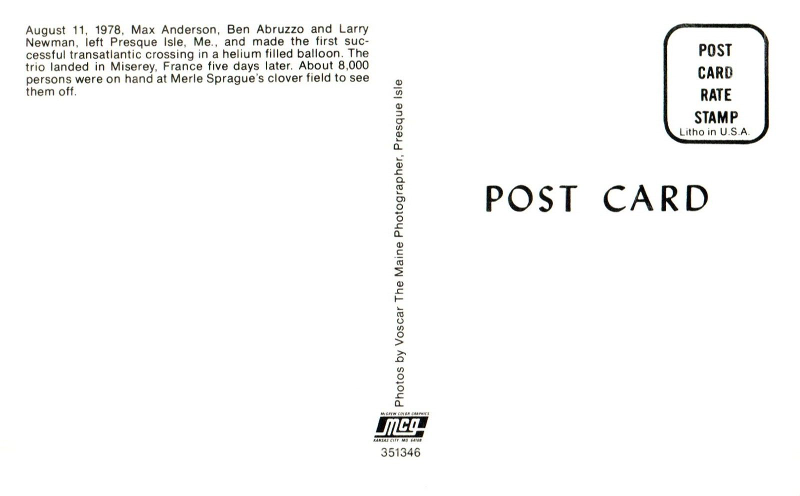 First Balloon To Cross the Atlantic Presque Isle ME Maine Postcard Template