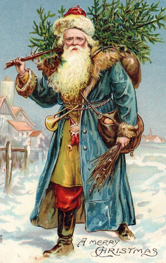 A Merry Christmas Blue Santa w/ Tree & Toys Santa Postcard