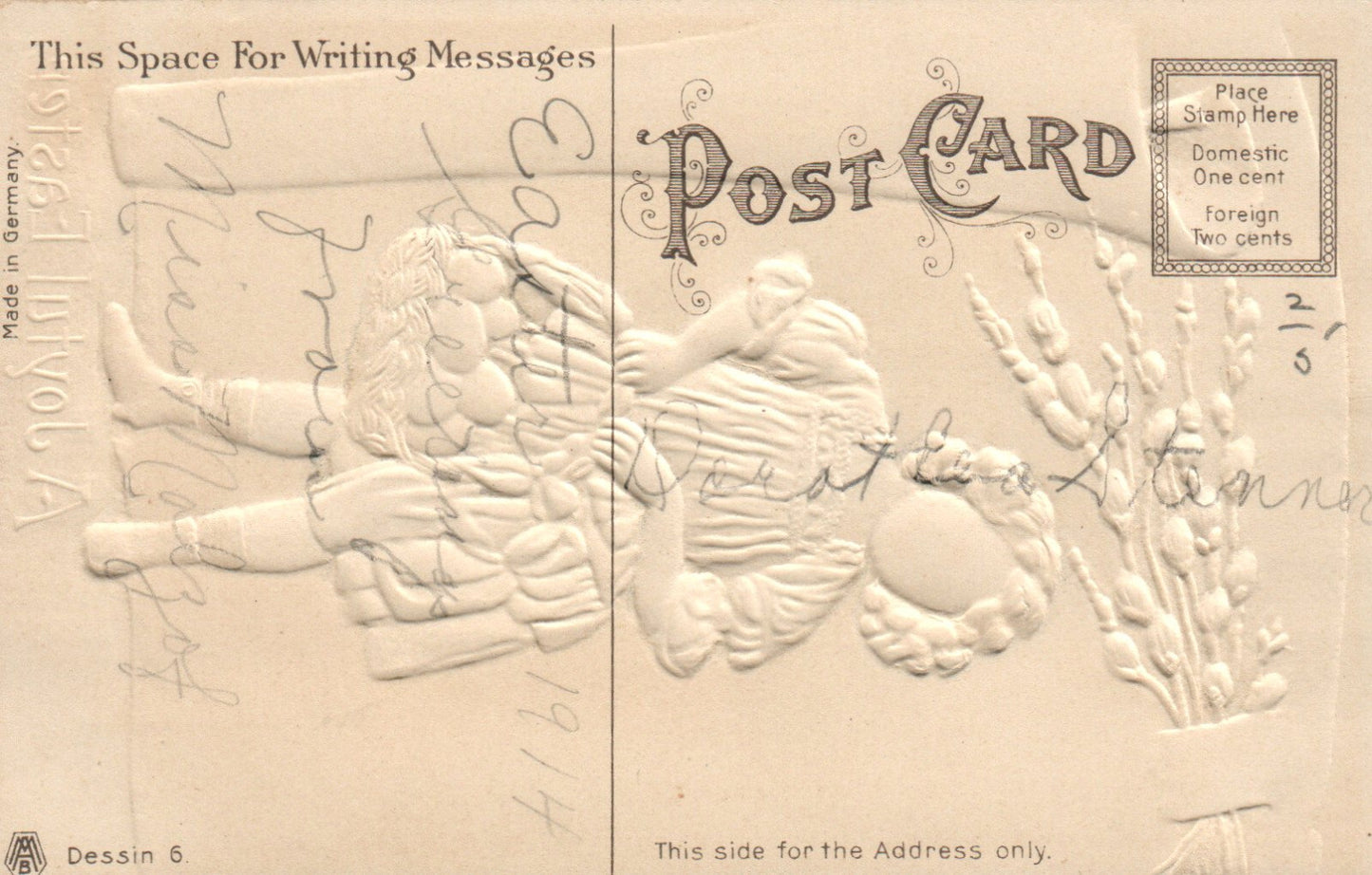 AMB A Joyful Easter Embossed girl with Colored eggs in Basket & Pussy Willow