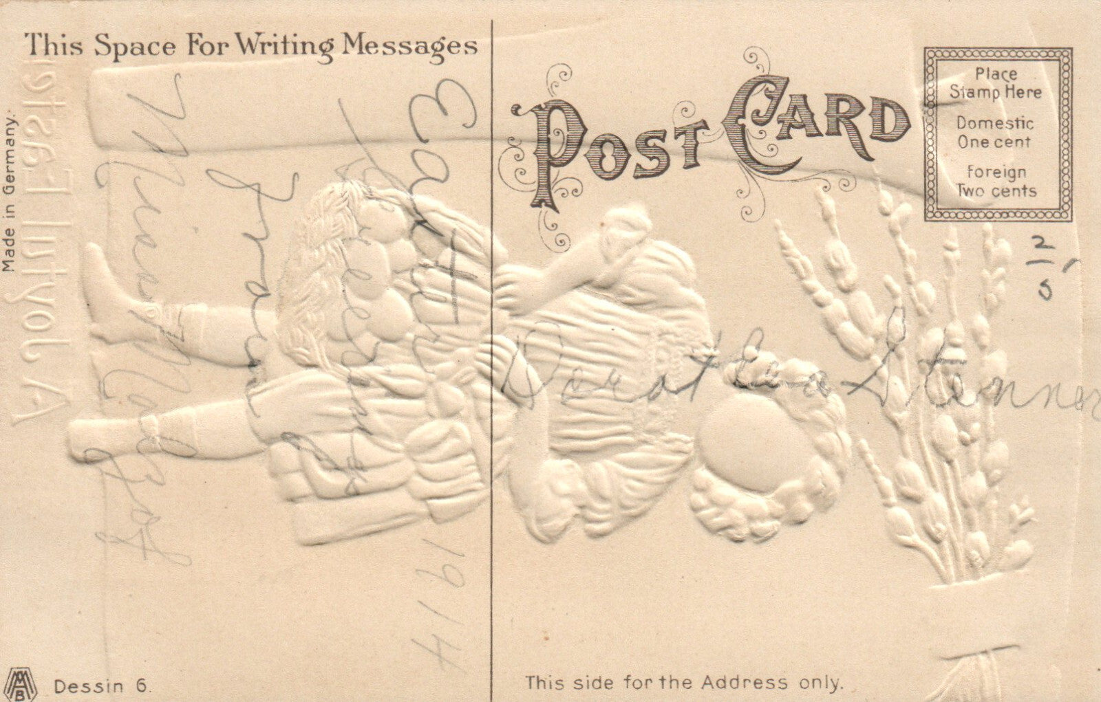 AMB A Joyful Easter Embossed girl with Colored eggs in Basket & Pussy Willow
