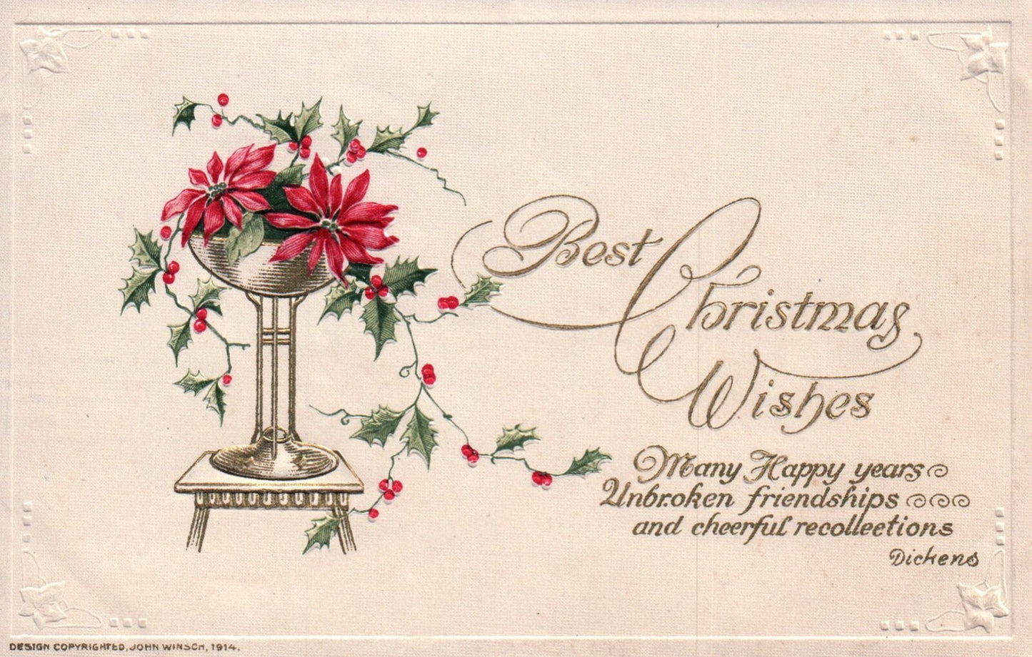 John Winsch Best Christmas Wishes Vintage Poinsettia Postcard