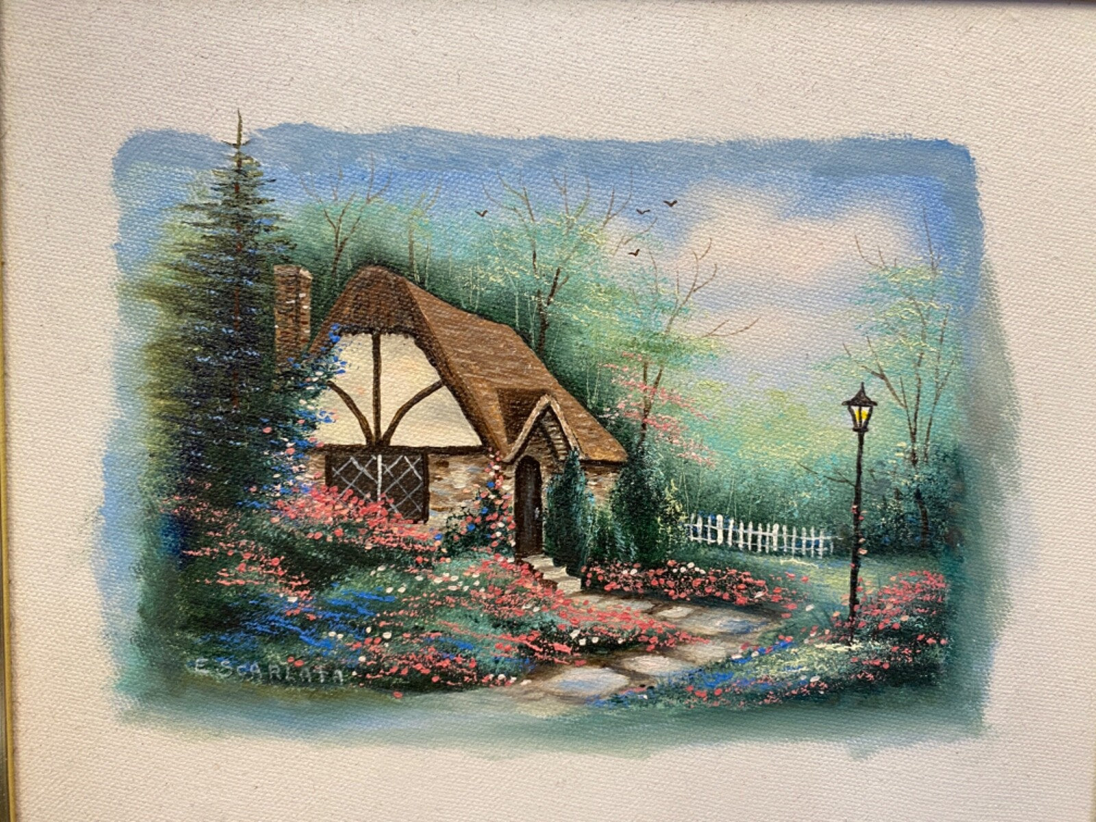 Vintage Quality Wood Ornate Gold Frame with Art Cottage  Rectangle 17.5 x 15.5