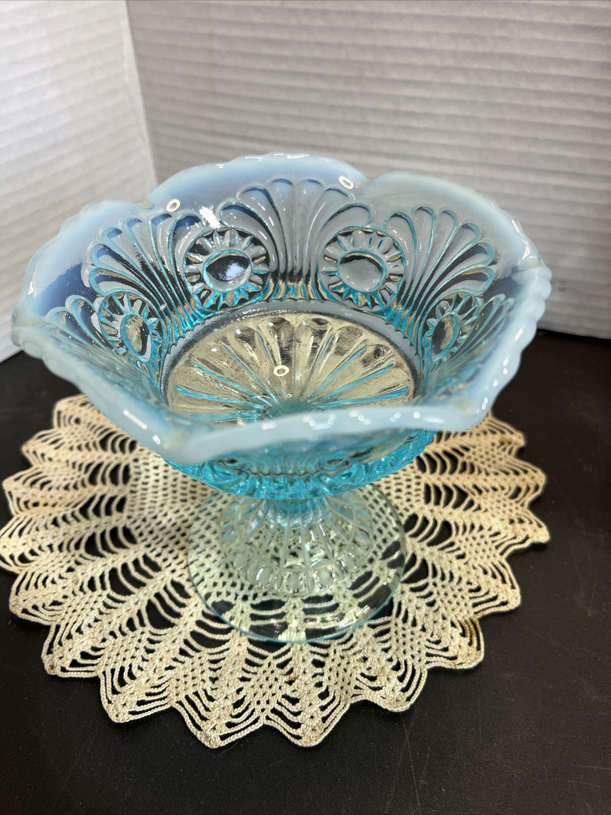Vintage Blue Fenton Opalescent Glass Pedestal Candy Dish