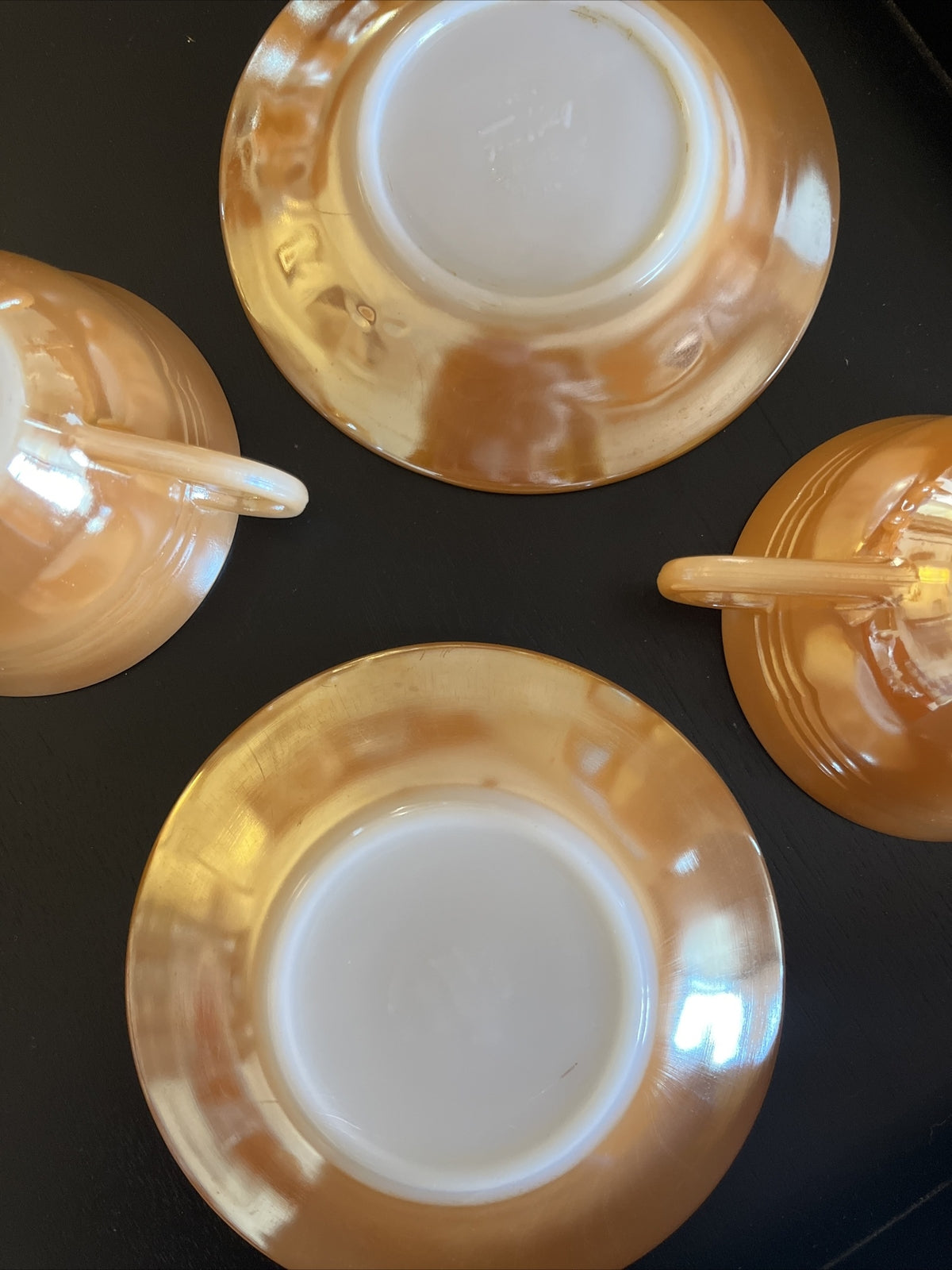 2 Vintage Fire King Oven Ware Peach Lustre Cup & Saucer USA 3 Sets Available