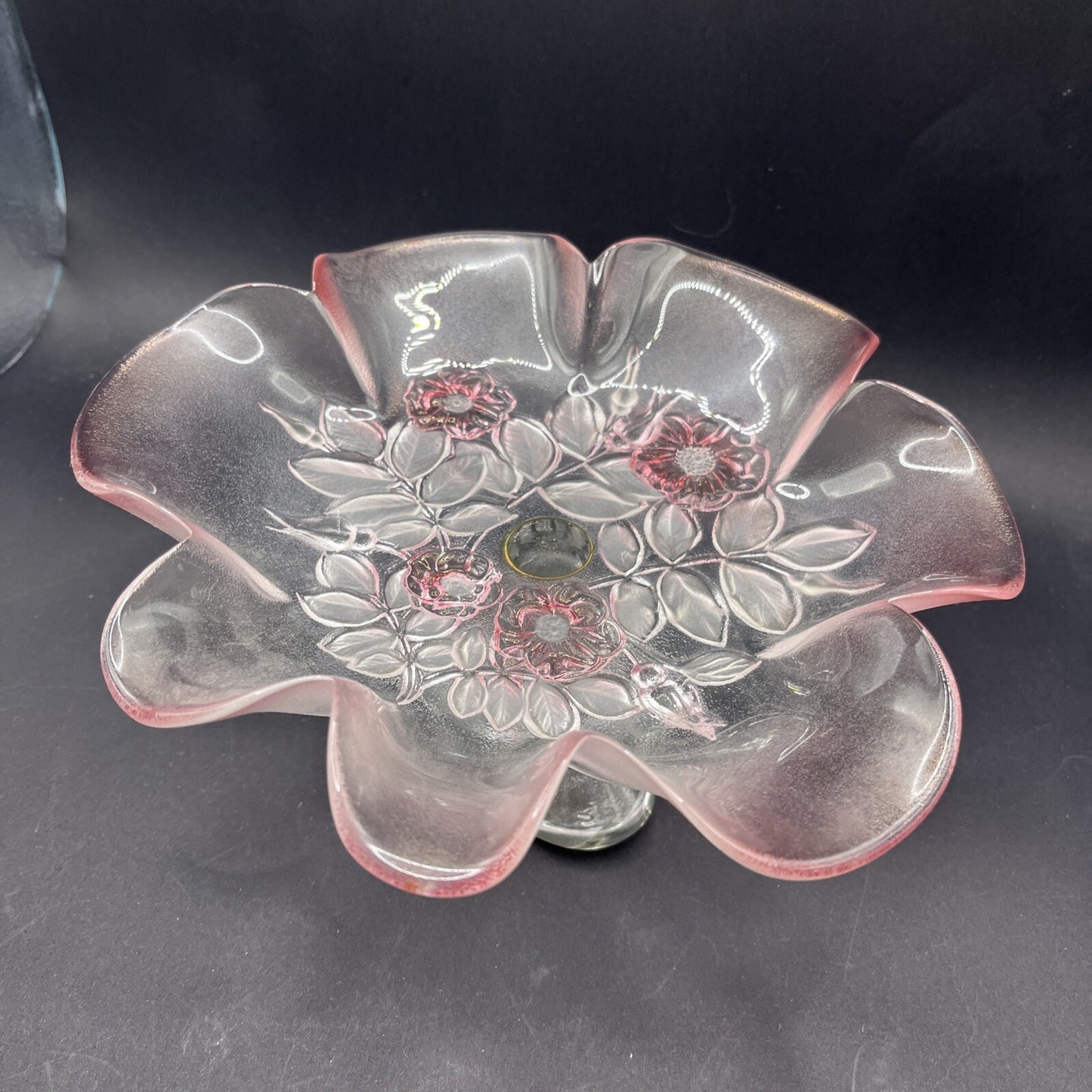 Glass Footed Candy Dish - 2 Tone Pink and Clear, Flowers Leaves Hummingbirds 8”