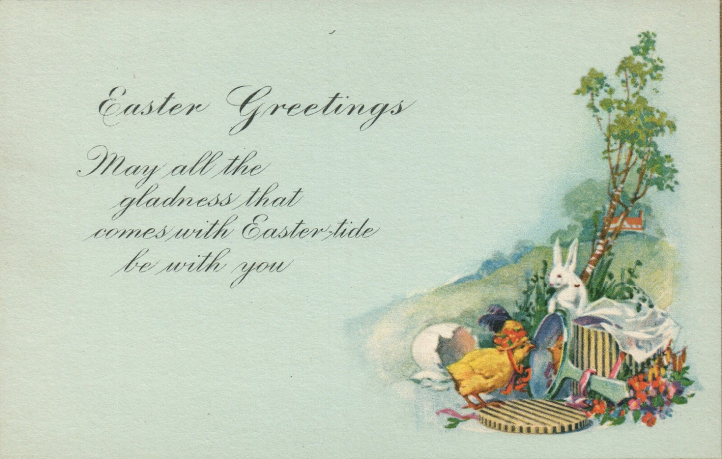 Blue Background Bunny Chick Wearing Hat Gold Border Easter Greetings Postcard