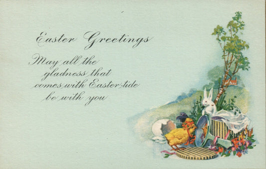 Blue Background Bunny Chick Wearing Hat Gold Border Easter Greetings Postcard