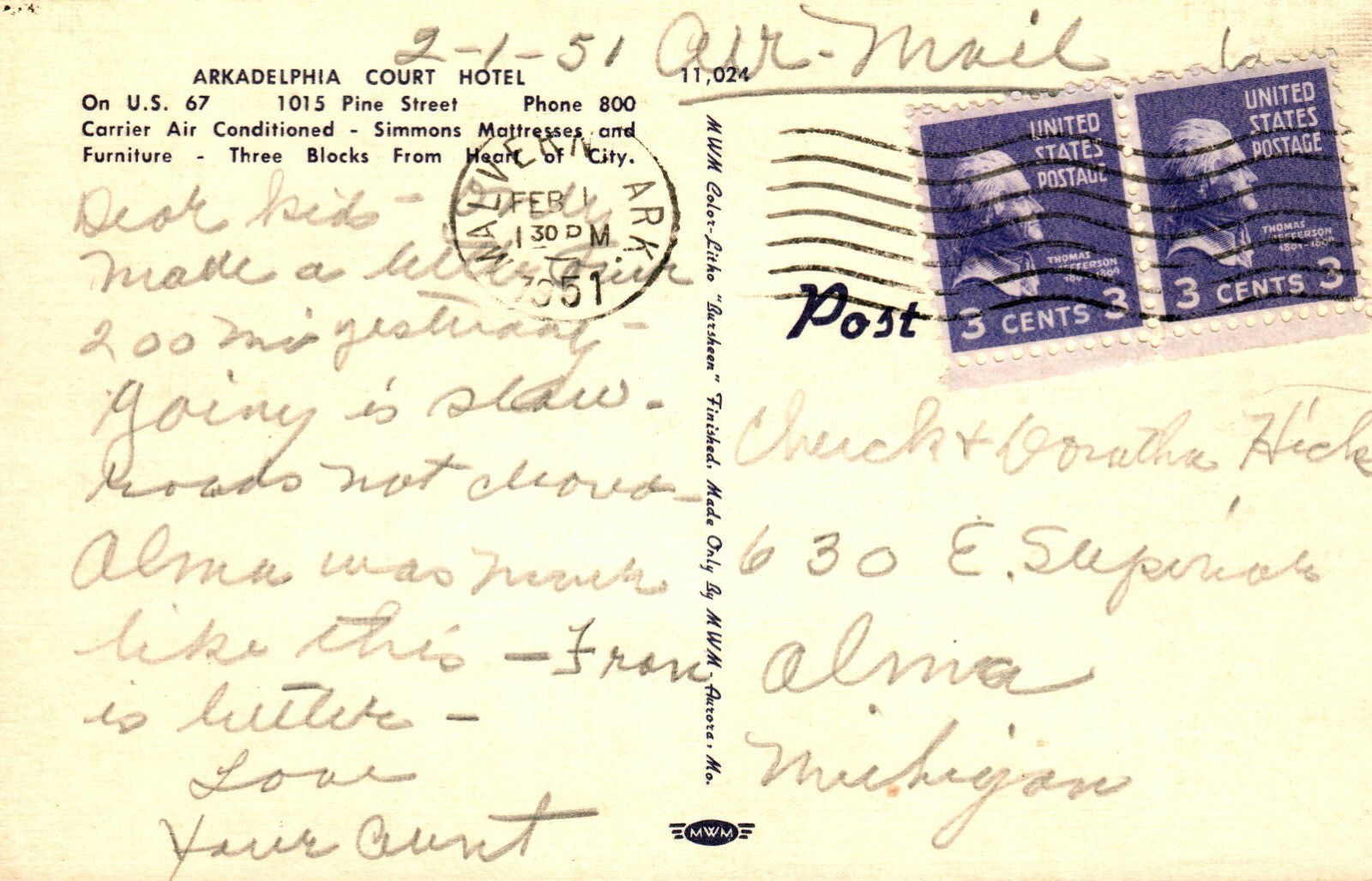 Motel Arkadelphia Court Hotel 1015 Pine St US 67 AR Arkansas Postcard