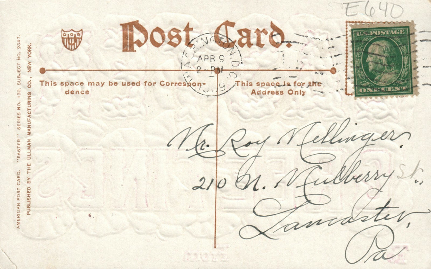 Ullman Gold Embossed Violets Series 130 Easter Postcard