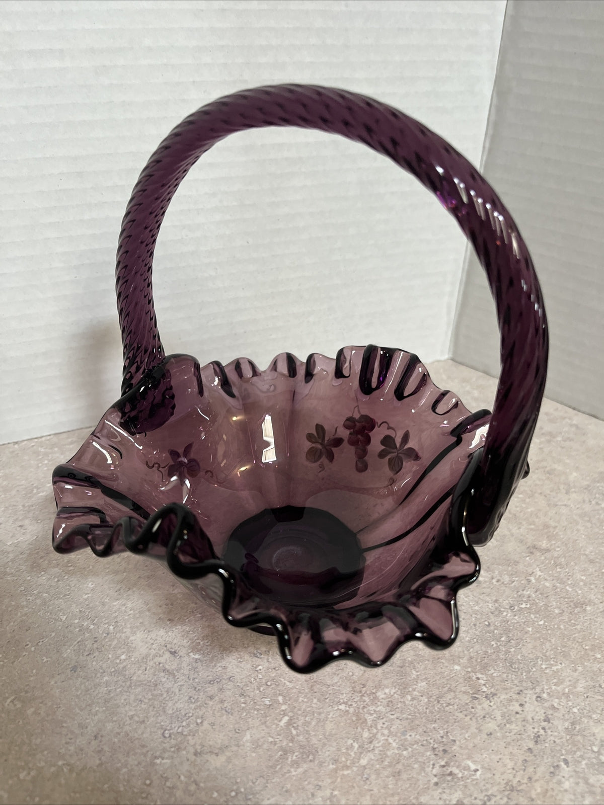 Fenton Art Glass Ruffled Purple Basket With Twisted Handle & signed
