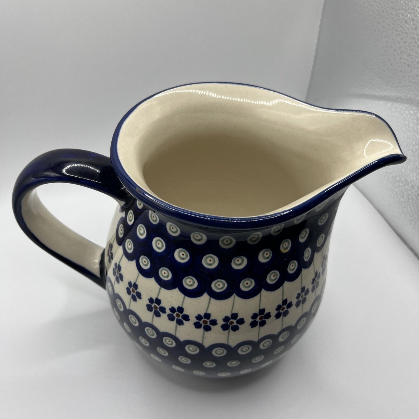 New Polish Pottery Boleslawiec Water Pitcher 6.5” High Blue Flower Authentic