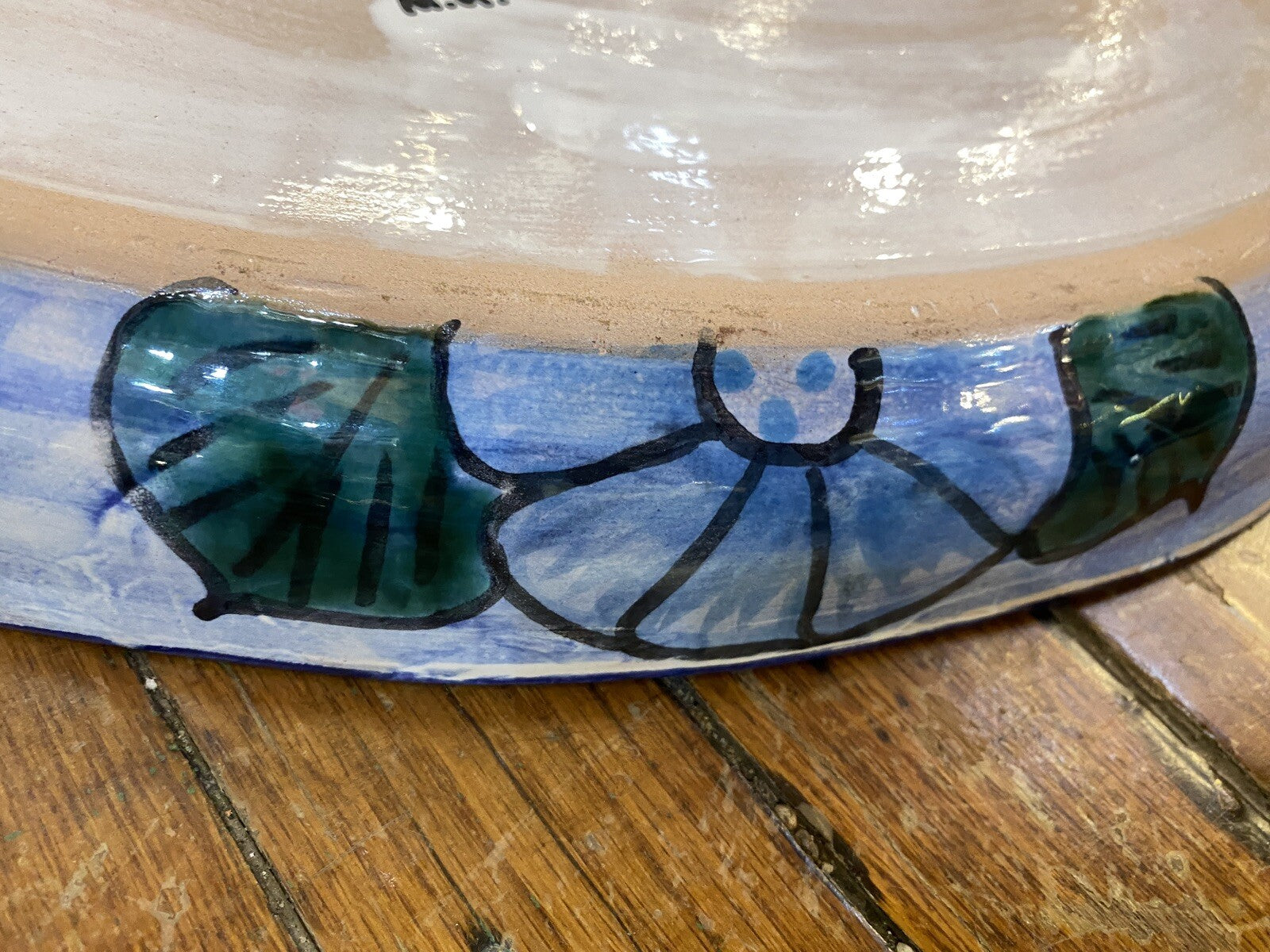 vintage Terracotta Pottery Mexican Talavera 1980's Cobalt Blue Sunflower Platter