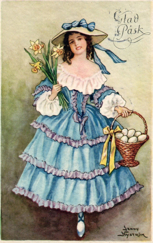 Glad Pask  Jenny Nystrom Sweden Artist  Girl with basket eggs Easter  Postcard