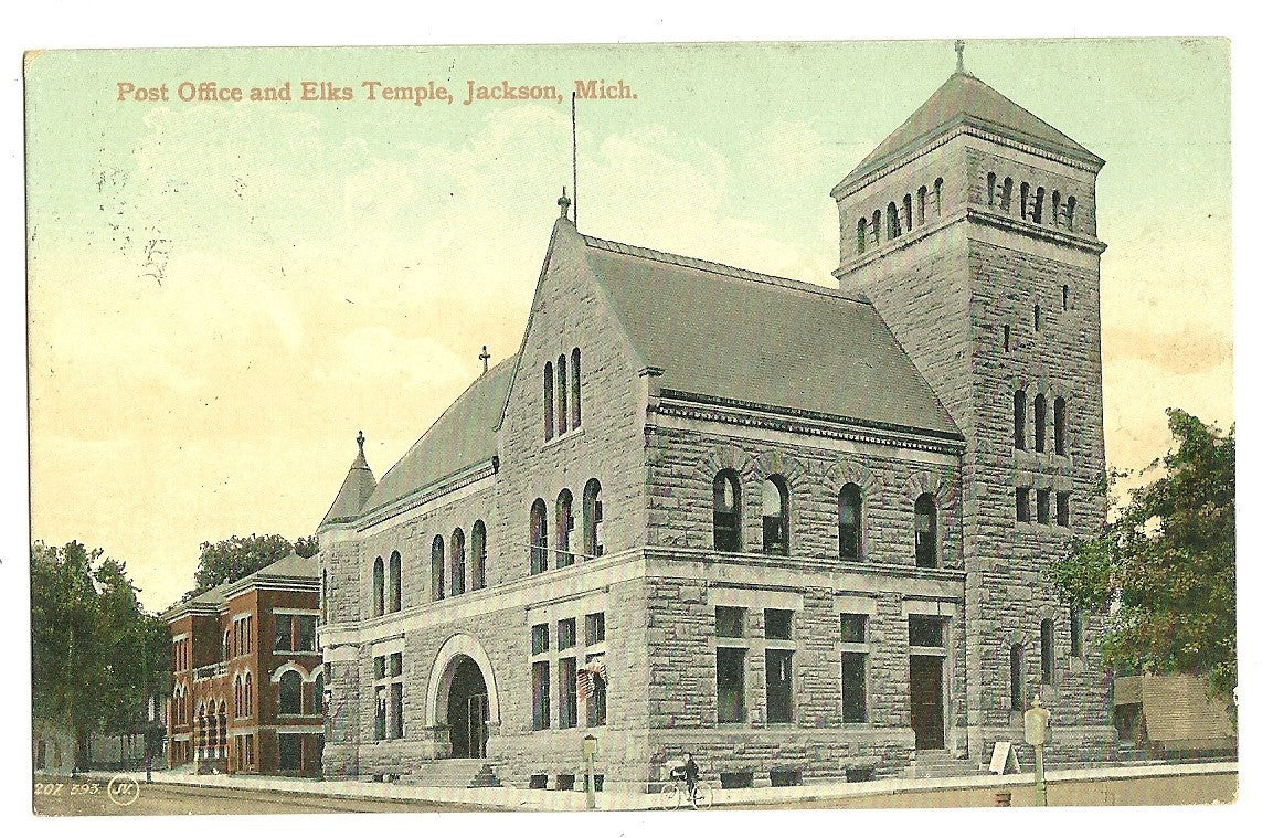 Post Office Elks Temple Jackson MI Michigan  Postcard