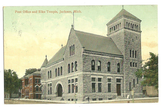 Post Office Elks Temple Jackson MI Michigan  Postcard