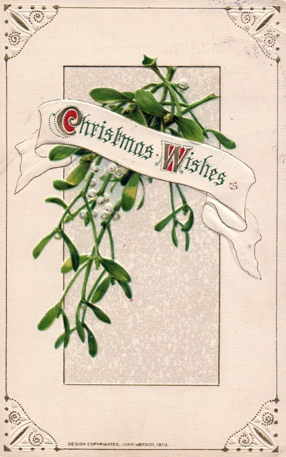 John Winsch Christmas Wishes Mistletoe Gold Embossed Vintage Postcard
