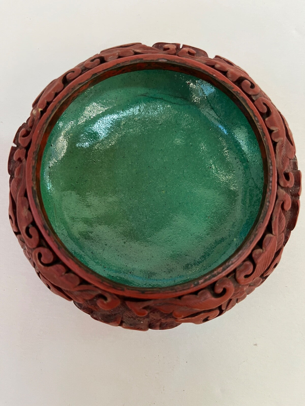 Vintage Carved Chinese 4 1/4" Red and Green Cinnabar Bowl