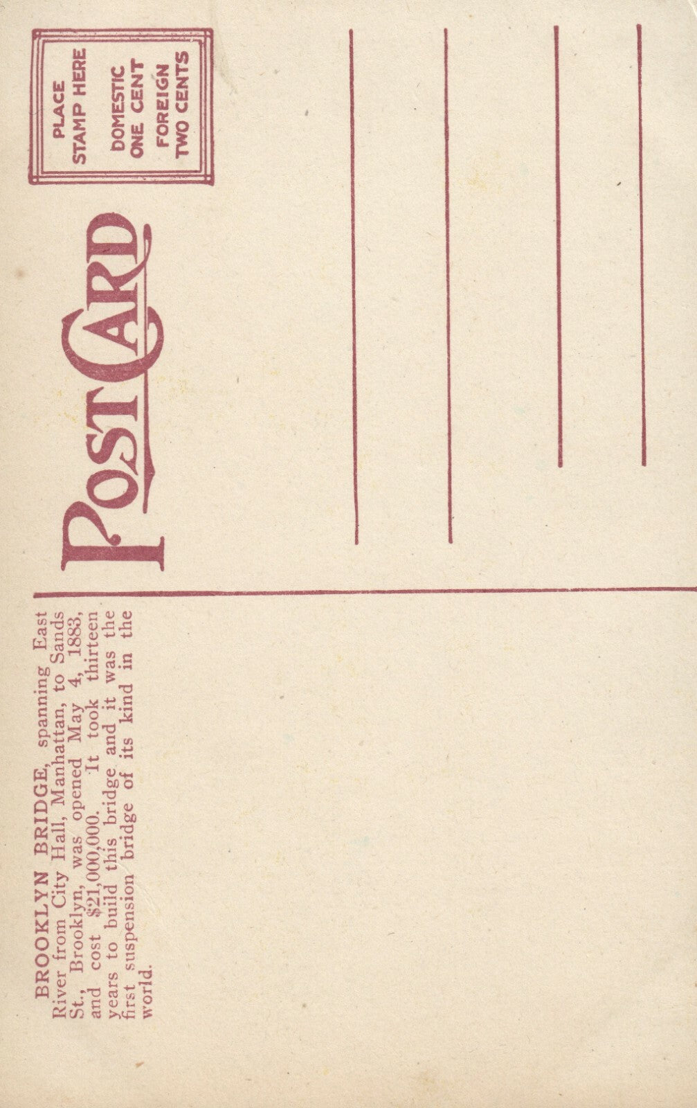 Brooklyn Bridge Manhattan Brooklyn Suspension Bridge NY New York City Postcard