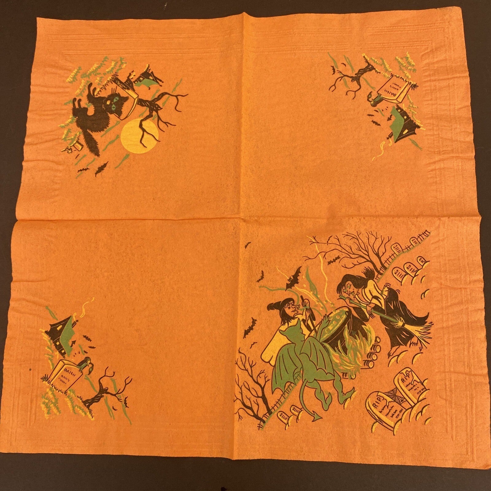 Vintage Orange HALLOWEEN PAPER NAPKIN Lot of 4 ALL WITCHES, Black cats, J.O.L