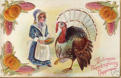 Nash Pilgrim Girl Feeds Turkey Wishing Thanksgiving Happiness Children Postcard
